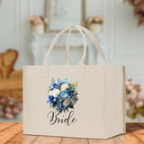 Bride Bouquet Blue Roses Bouquet 100% Cotton Canvas Bridal Party Tote Bag Bridal Chic Tote Bags Wedding Totes - Aaria Tees Aaria Tees