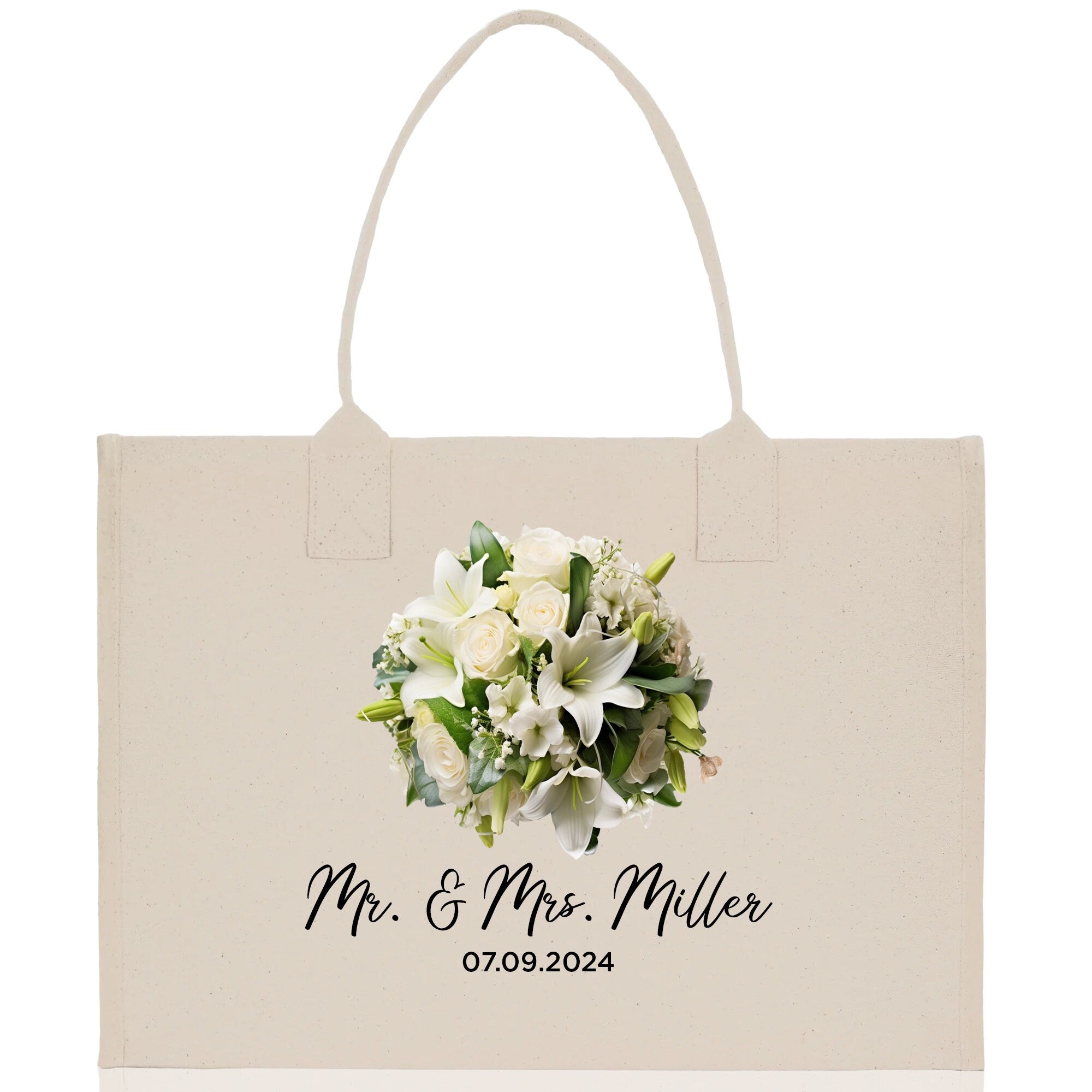 Bride Bouquet White Flowers Bouquet Custom Mr. & Mrs. Last Name Year Tote Bag Personalized Wedding Tote Bridal Shower Gift Honeymoon Gift - Aaria Tees Aaria Tees