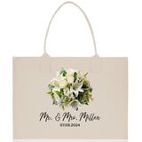 Bride Bouquet White Flowers Bouquet Custom Mr. & Mrs. Last Name Year Tote Bag Personalized Wedding Tote Bridal Shower Gift Honeymoon Gift - Aaria Tees Aaria Tees