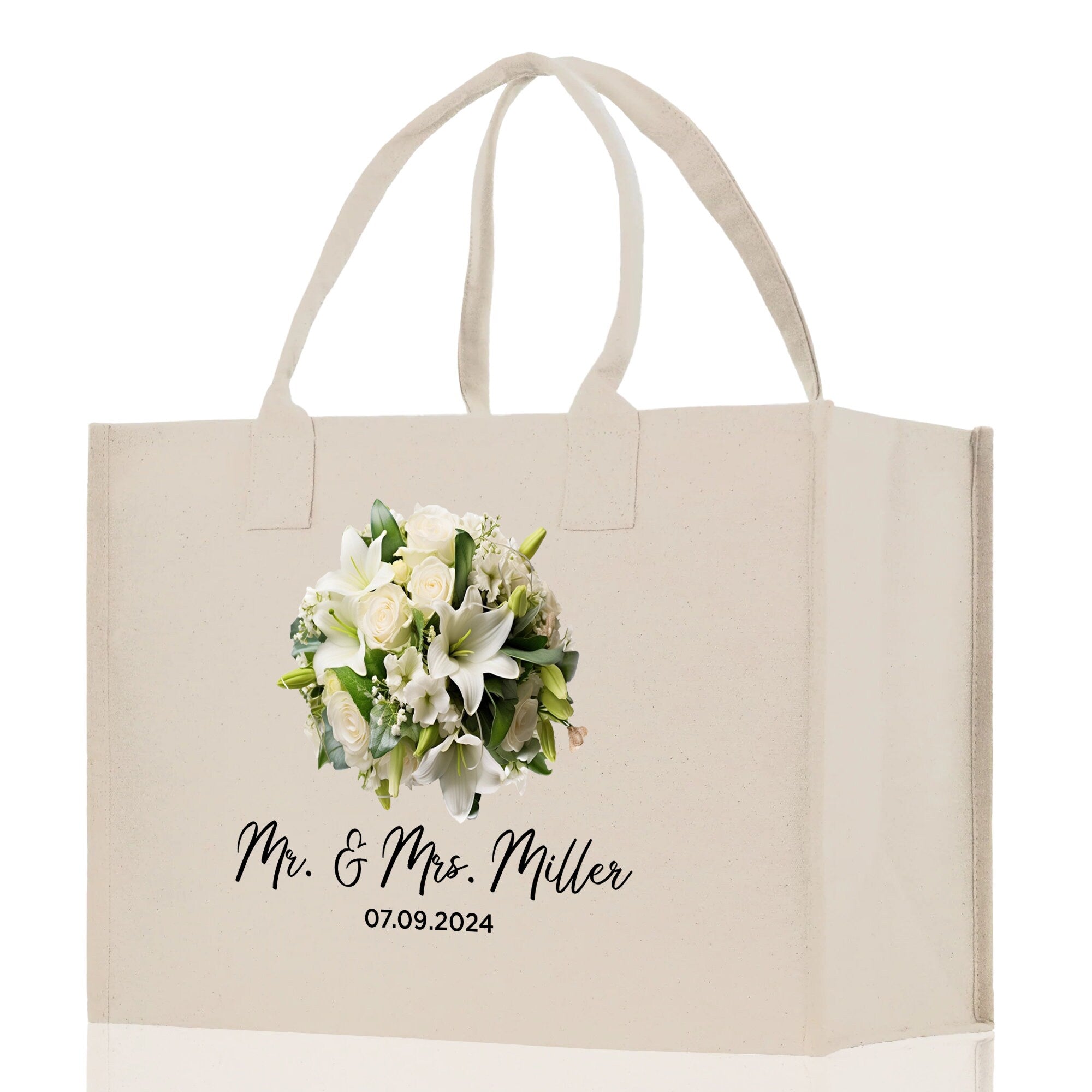Bride Bouquet White Flowers Bouquet Custom Mr. & Mrs. Last Name Year Tote Bag Personalized Wedding Tote Bridal Shower Gift Honeymoon Gift - Aaria Tees Aaria Tees