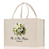 Bride Bouquet White Flowers Bouquet Custom Mr. & Mrs. Last Name Year Tote Bag Personalized Wedding Tote Bridal Shower Gift Honeymoon Gift - Aaria Tees Aaria Tees