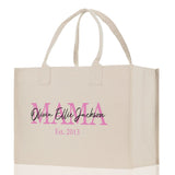 Mom Aunt Gran Oma Mama Custom Kids Names and Date Cotton Canvas Tote Bag Personalized Name and Date Tote Bag - Aaria Tees Aaria Tees