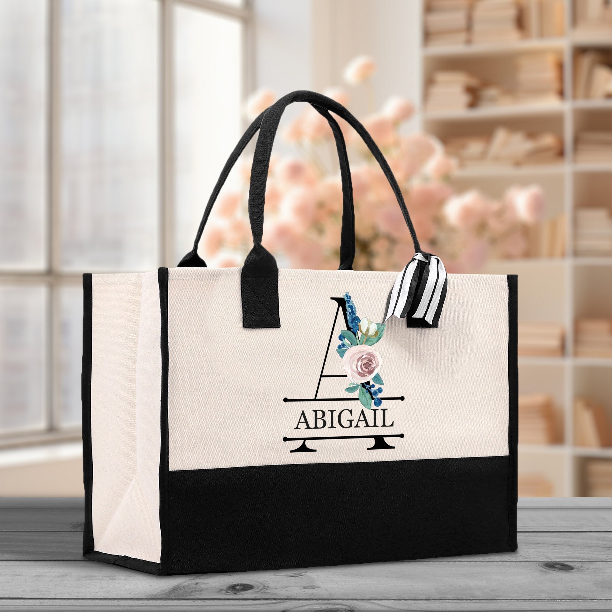 Floral Initial and Name Cotton Canvas Tote Bag Personalized Bridesmaid Gift Bag Wedding Birthday Gift Custom Name Tote Wedding Gift - Aaria Tees Aaria Tees