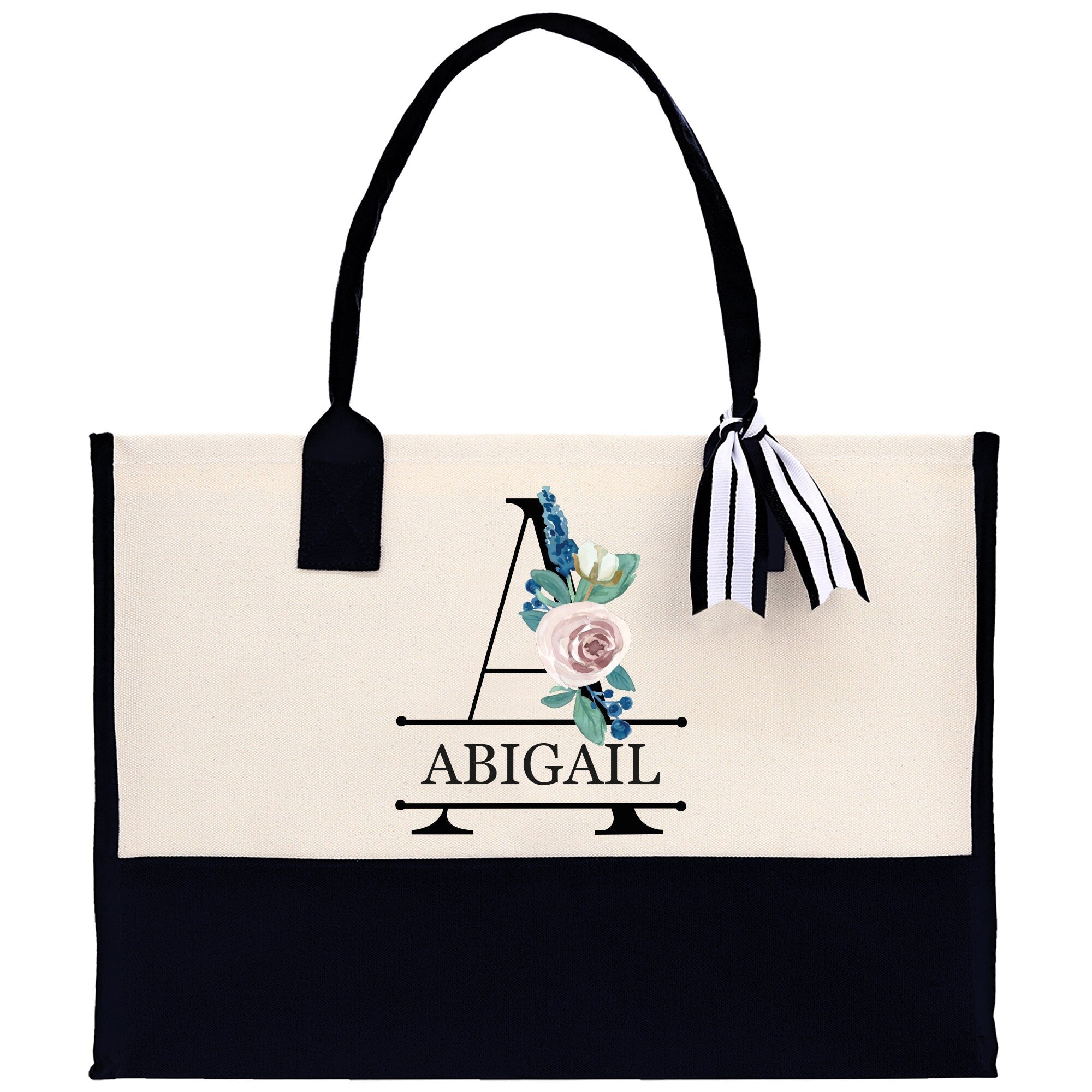 Floral Initial and Name Cotton Canvas Tote Bag Personalized Bridesmaid Gift Bag Wedding Birthday Gift Custom Name Tote Wedding Gift - Aaria Tees Aaria Tees