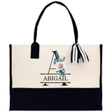 Floral Initial and Name Cotton Canvas Tote Bag Personalized Bridesmaid Gift Bag Wedding Birthday Gift Custom Name Tote Wedding Gift - Aaria Tees Aaria Tees