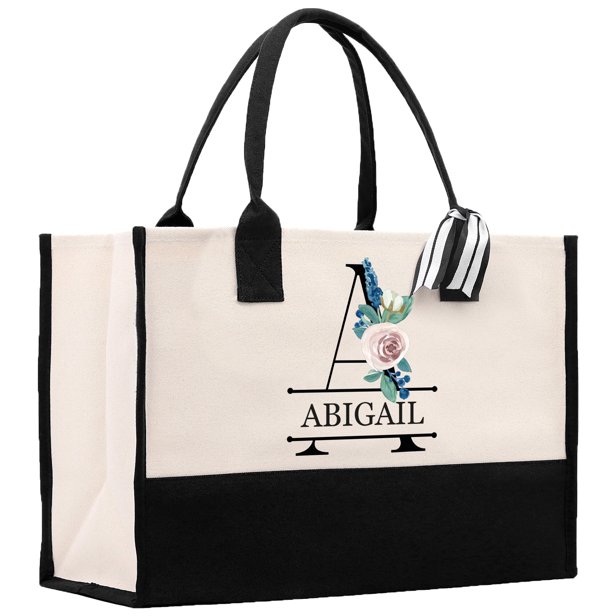 Floral Initial and Name Cotton Canvas Tote Bag Personalized Bridesmaid Gift Bag Wedding Birthday Gift Custom Name Tote Wedding Gift - Aaria Tees Aaria Tees