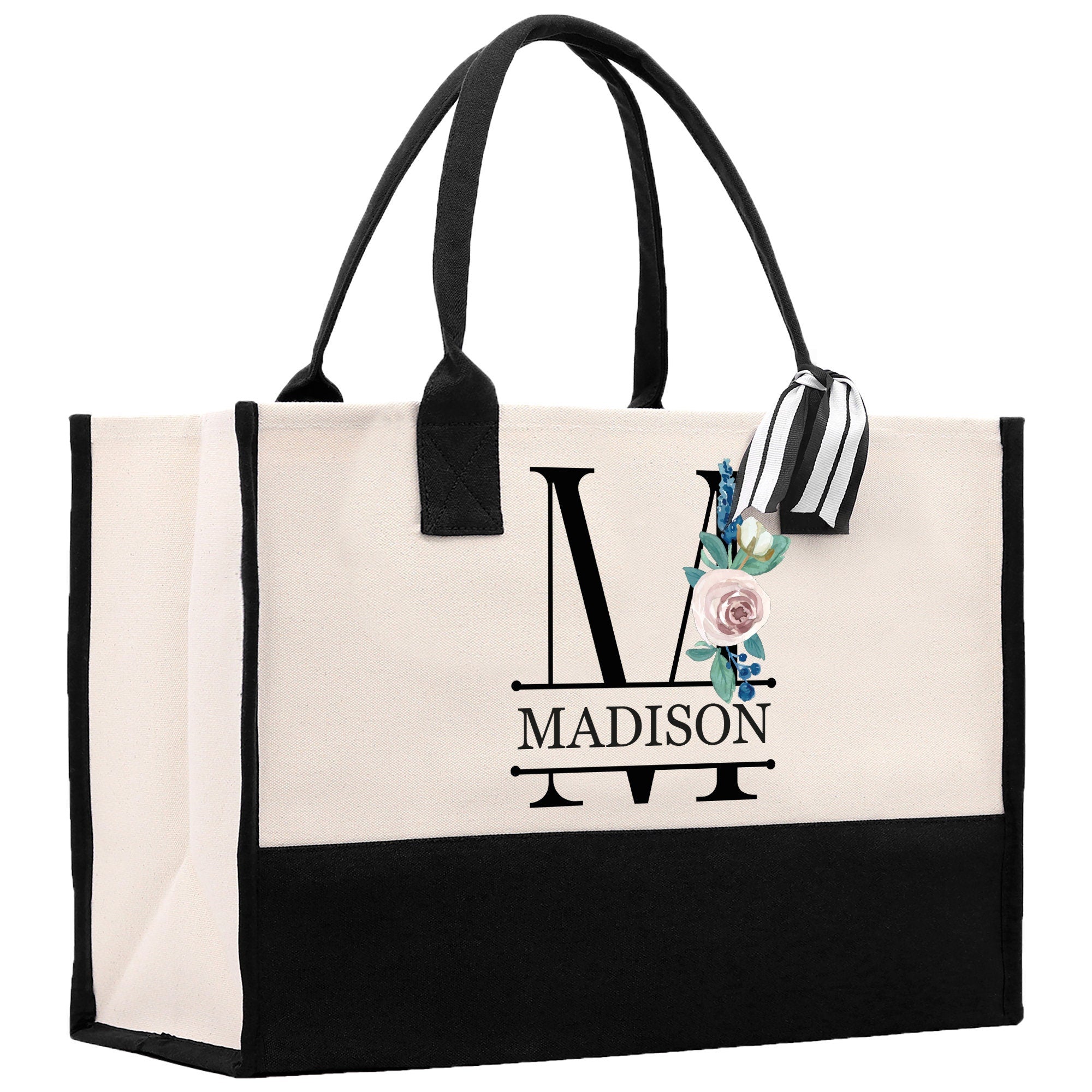 Floral Initial and Name Cotton Canvas Tote Bag Personalized Bridesmaid Gift Bag Wedding Birthday Gift Custom Name Tote Wedding Gift - Aaria Tees Aaria Tees