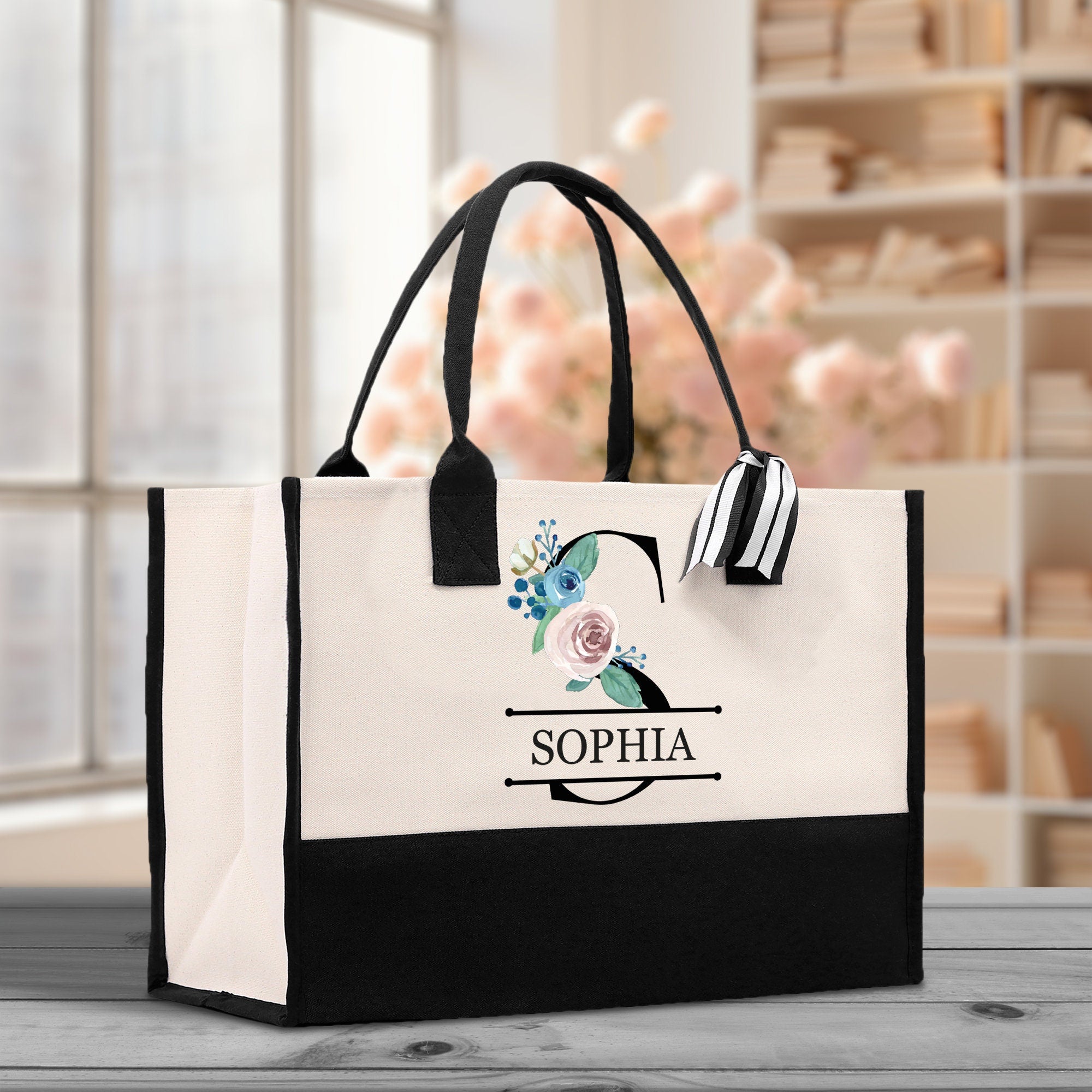 Floral Initial and Name Cotton Canvas Tote Bag Personalized Bridesmaid Gift Bag Wedding Birthday Gift Custom Name Tote Wedding Gift - Aaria Tees Aaria Tees