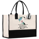 Floral Initial and Name Cotton Canvas Tote Bag Personalized Bridesmaid Gift Bag Wedding Birthday Gift Custom Name Tote Wedding Gift - Aaria Tees Aaria Tees
