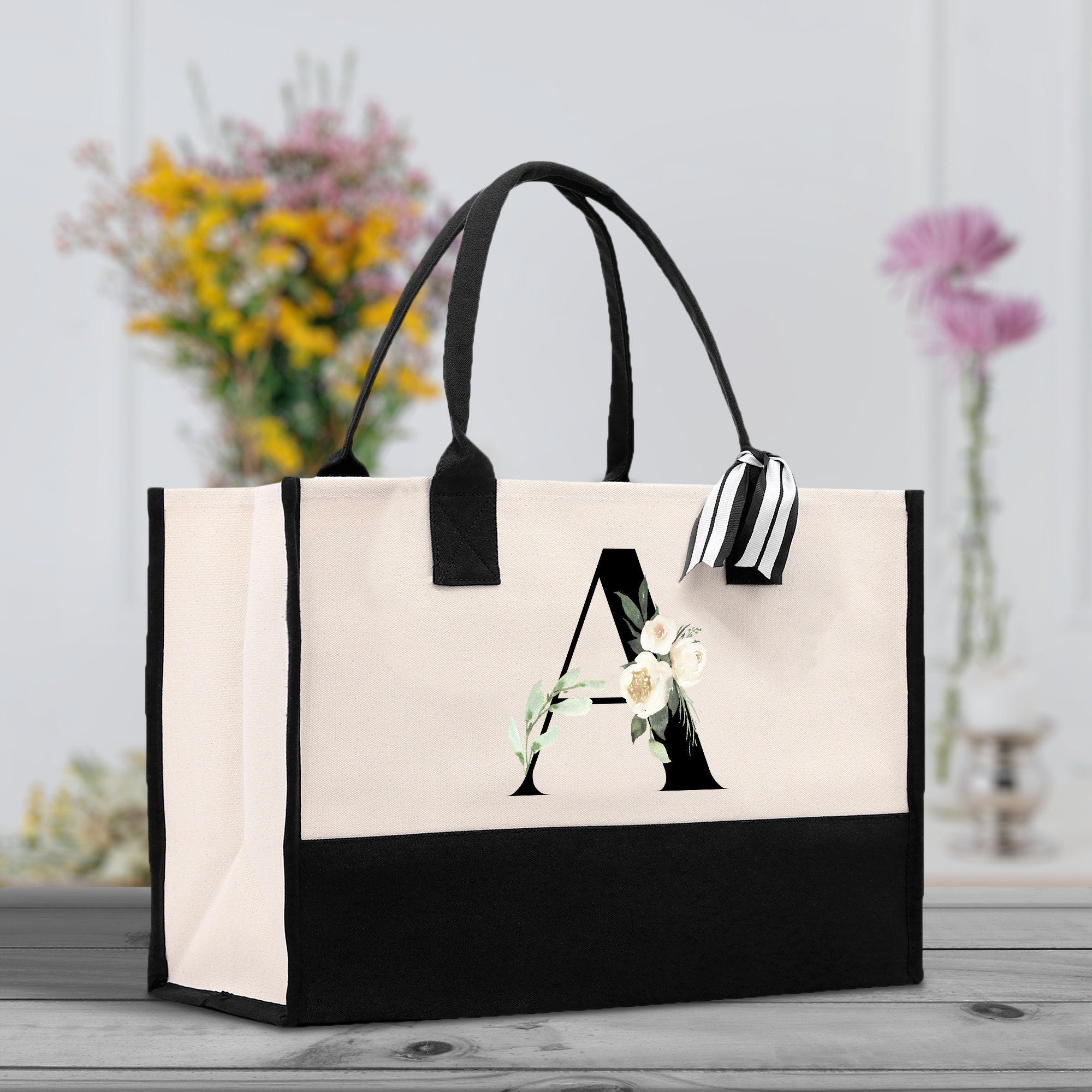 Floral Monogram Beach Canvas Tote Bag Initial Tote Bag Letter Tote Bag Birthday Gift Personalized Tote Bag Personalized Beach Bag - Aaria Tees Aaria Tees