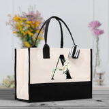 Floral Monogram Beach Canvas Tote Bag Initial Tote Bag Letter Tote Bag Birthday Gift Personalized Tote Bag Personalized Beach Bag - Aaria Tees Aaria Tees