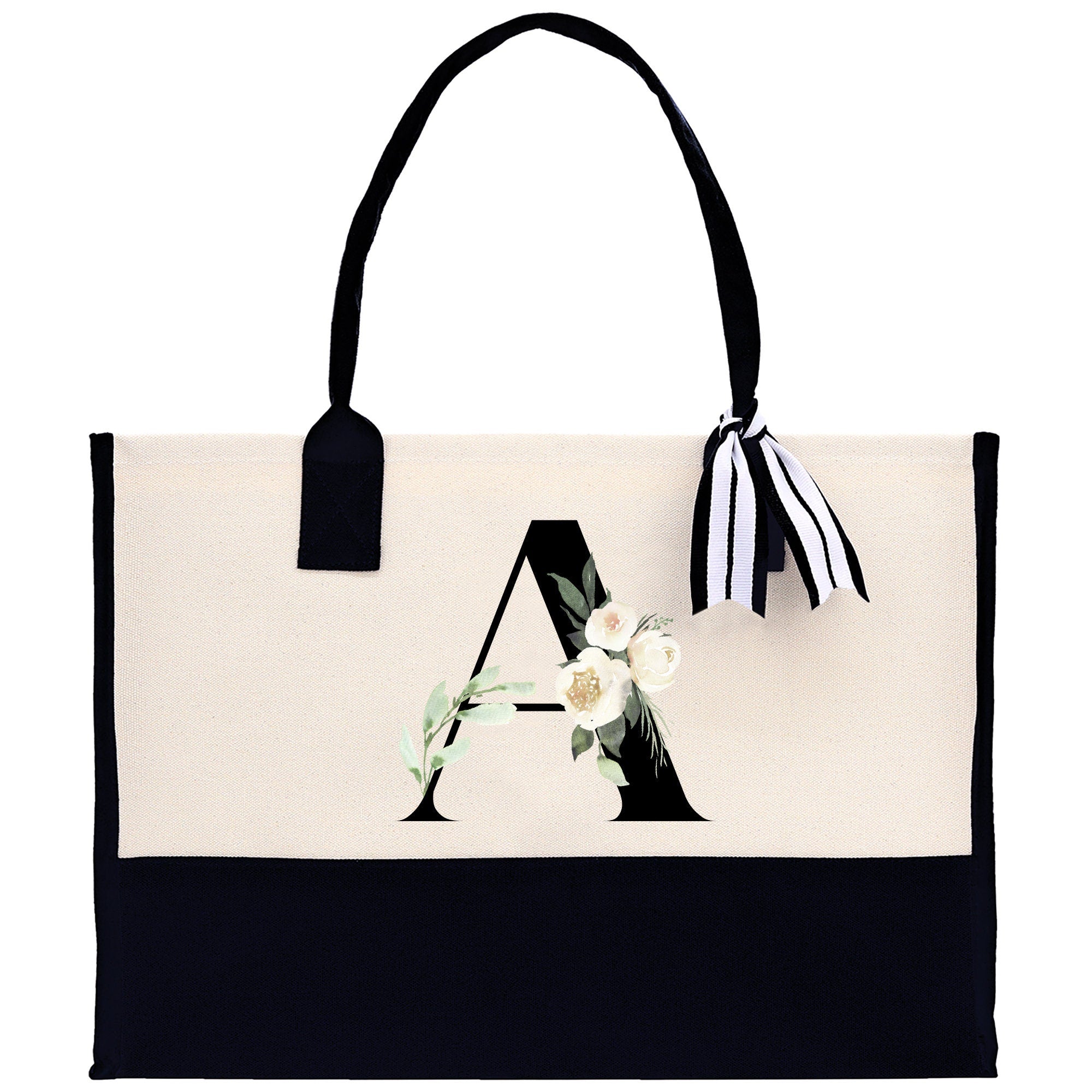 Floral Monogram Beach Canvas Tote Bag Initial Tote Bag Letter Tote Bag Birthday Gift Personalized Tote Bag Personalized Beach Bag - Aaria Tees Aaria Tees