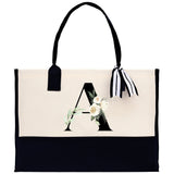 Floral Monogram Beach Canvas Tote Bag Initial Tote Bag Letter Tote Bag Birthday Gift Personalized Tote Bag Personalized Beach Bag - Aaria Tees Aaria Tees