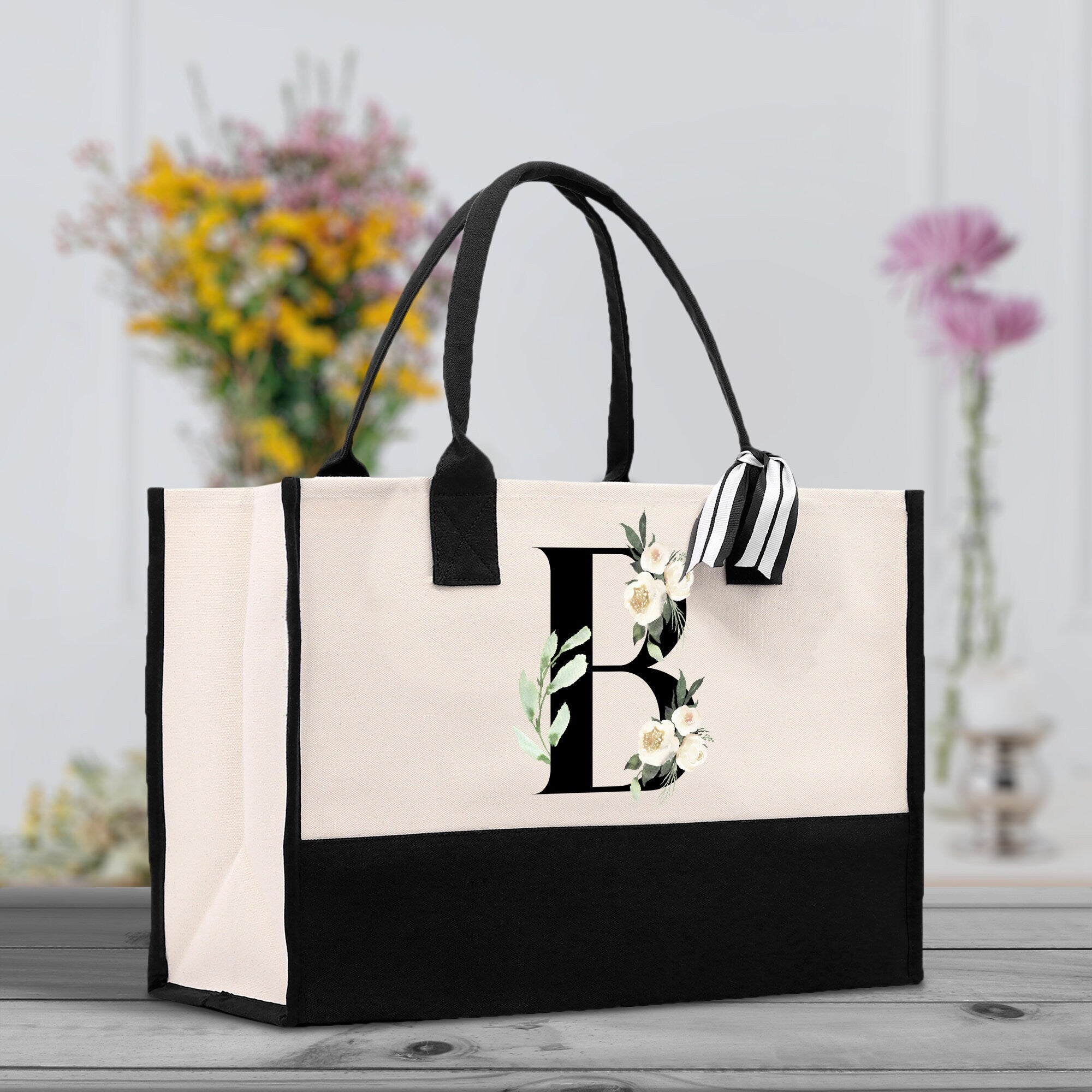 Floral Monogram Beach Canvas Tote Bag Initial Tote Bag Letter Tote Bag Birthday Gift Personalized Tote Bag Personalized Beach Bag - Aaria Tees Aaria Tees