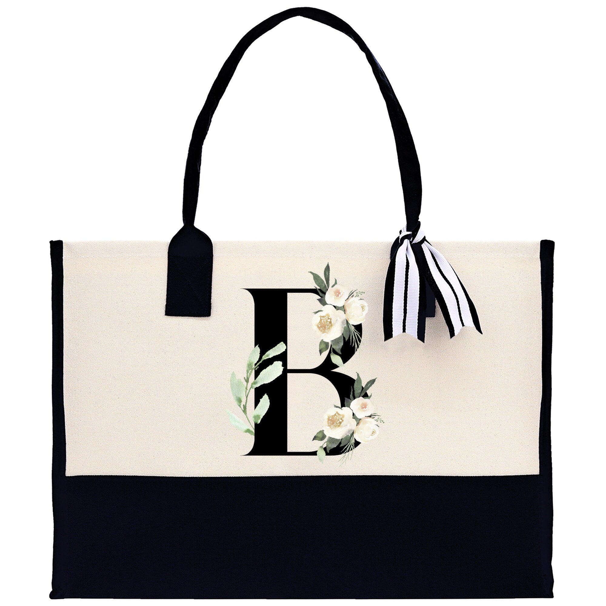 Floral Monogram Beach Canvas Tote Bag Initial Tote Bag Letter Tote Bag Birthday Gift Personalized Tote Bag Personalized Beach Bag - Aaria Tees Aaria Tees