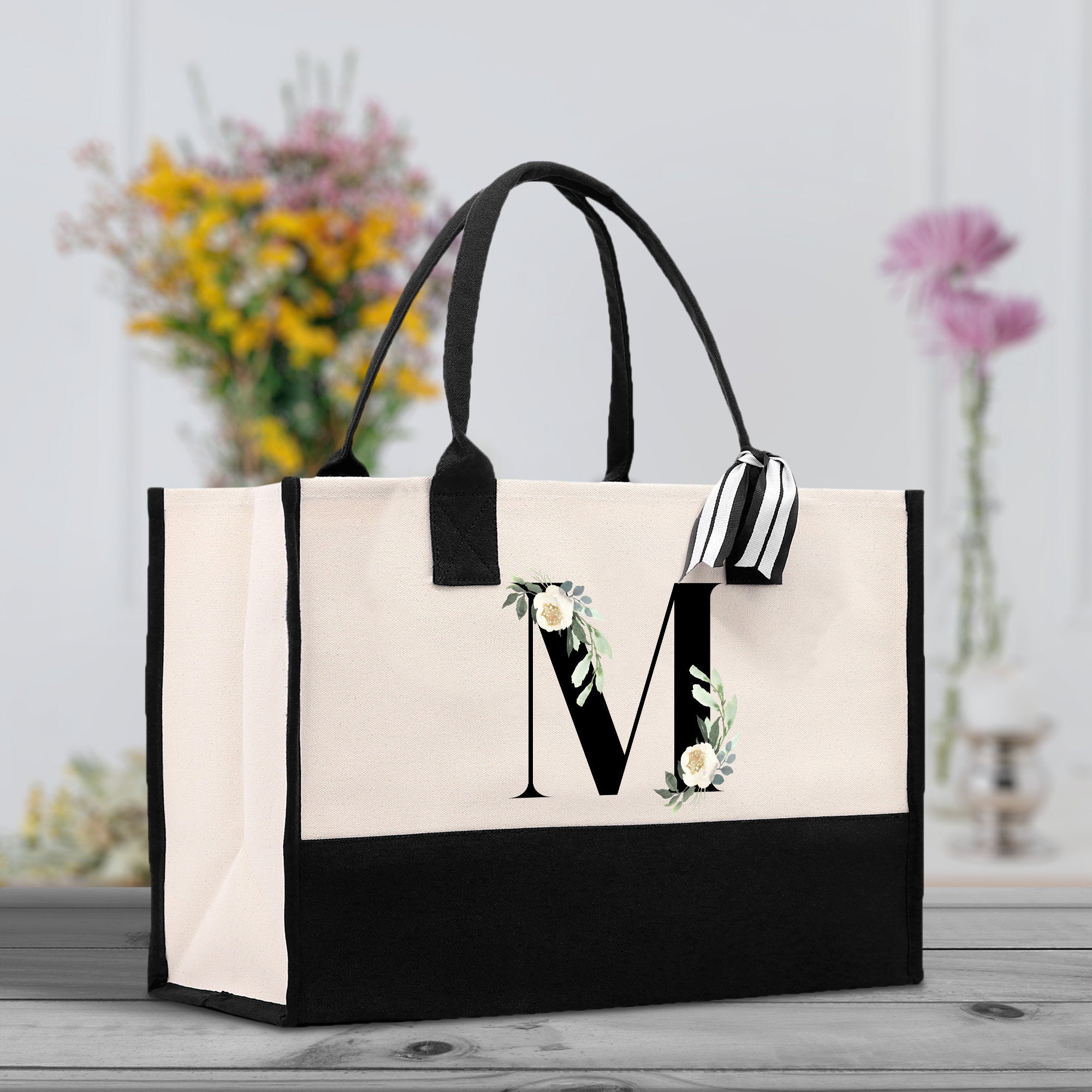 Floral Monogram Beach Canvas Tote Bag Initial Tote Bag Letter Tote Bag Birthday Gift Personalized Tote Bag Personalized Beach Bag - Aaria Tees Aaria Tees