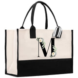 Floral Monogram Beach Canvas Tote Bag Initial Tote Bag Letter Tote Bag Birthday Gift Personalized Tote Bag Personalized Beach Bag - Aaria Tees Aaria Tees