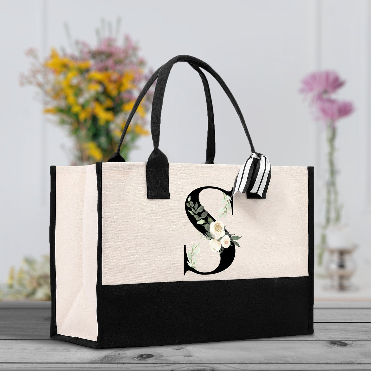 Floral Monogram Beach Canvas Tote Bag Initial Tote Bag Letter Tote Bag Birthday Gift Personalized Tote Bag Personalized Beach Bag - Aaria Tees