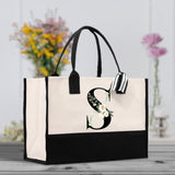 Floral Monogram Beach Canvas Tote Bag Initial Tote Bag Letter Tote Bag Birthday Gift Personalized Tote Bag Personalized Beach Bag - Aaria Tees Aaria Tees