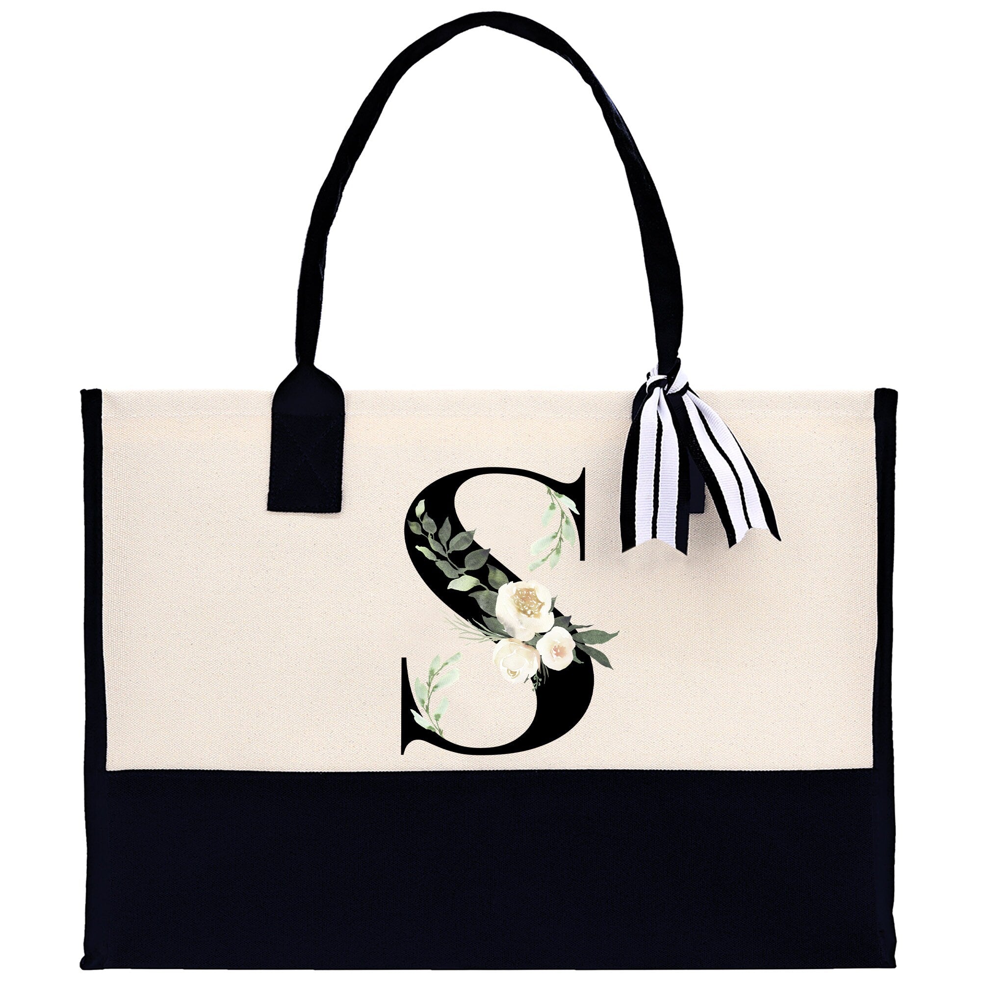 Floral Monogram Beach Canvas Tote Bag Initial Tote Bag Letter Tote Bag Birthday Gift Personalized Tote Bag Personalized Beach Bag - Aaria Tees Aaria Tees