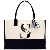 Floral Monogram Beach Canvas Tote Bag Initial Tote Bag Letter Tote Bag Birthday Gift Personalized Tote Bag Personalized Beach Bag - Aaria Tees Aaria Tees