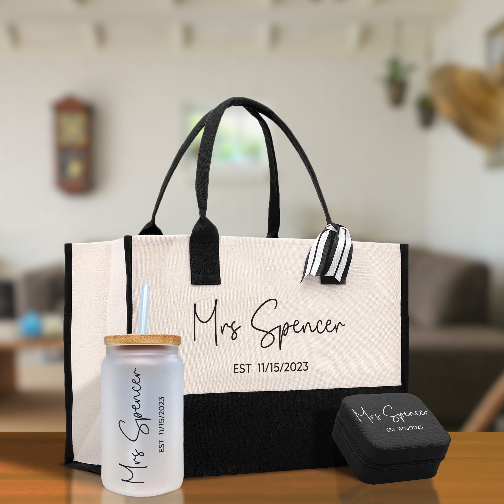 Mrs. Last Name Est Year Tote Bag Personalized Date Wedding Tote Bridal Shower Gift Honeymoon Gift Customized Wedding Gift Bridesmaid Gift - Aaria Tees Aaria Tees