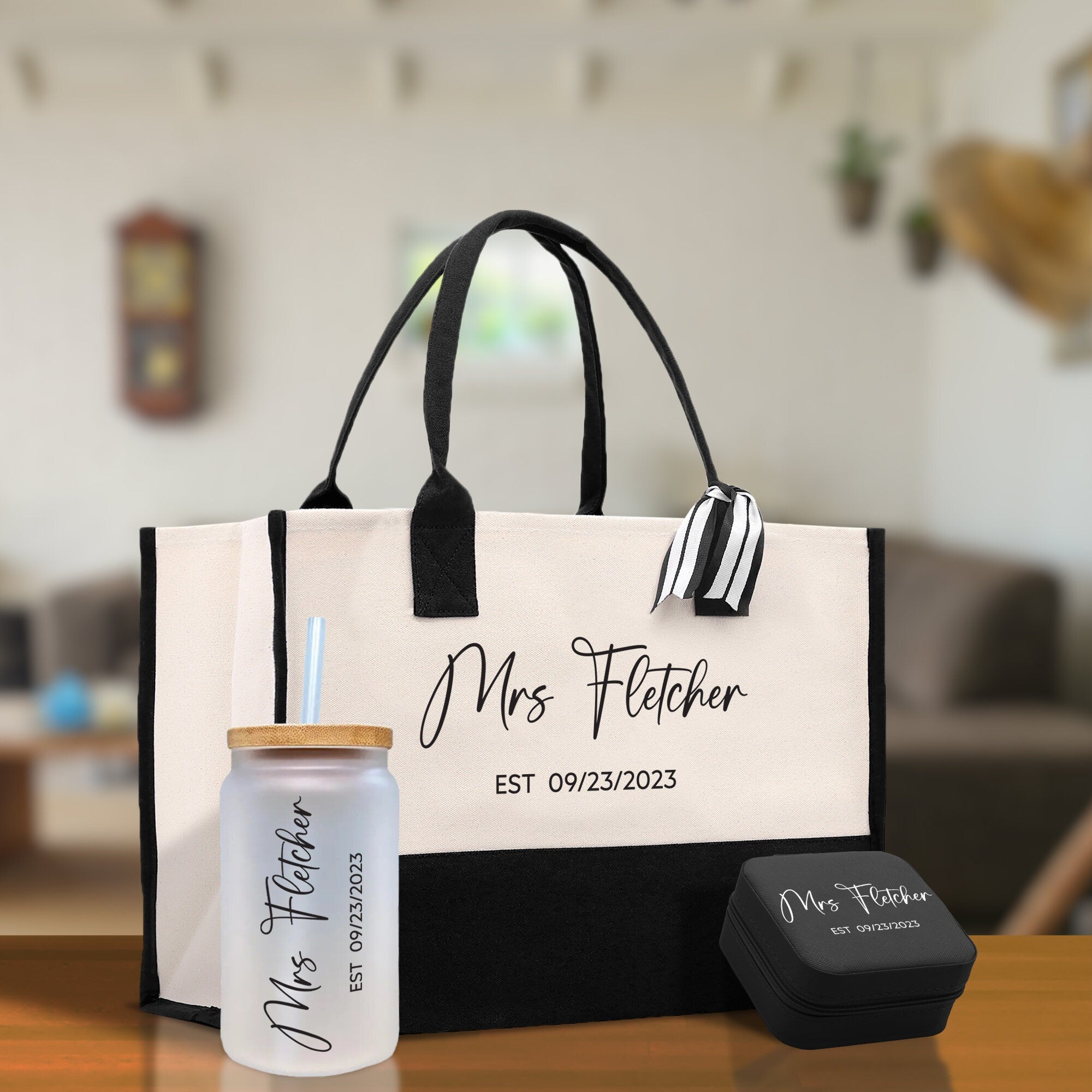 Mrs. Last Name Est Year Tote Bag Personalized Date Wedding Tote Bridal Shower Gift Honeymoon Gift Customized Wedding Gift Bridesmaid Gift - Aaria Tees Aaria Tees