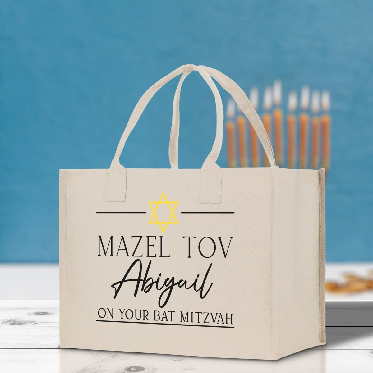 Mazel Tov Bat Mitzvah Custom Name Cotton Canvas Tote Bag Personalized Tote Bag Jewish Celebration Bag - Aaria Tees