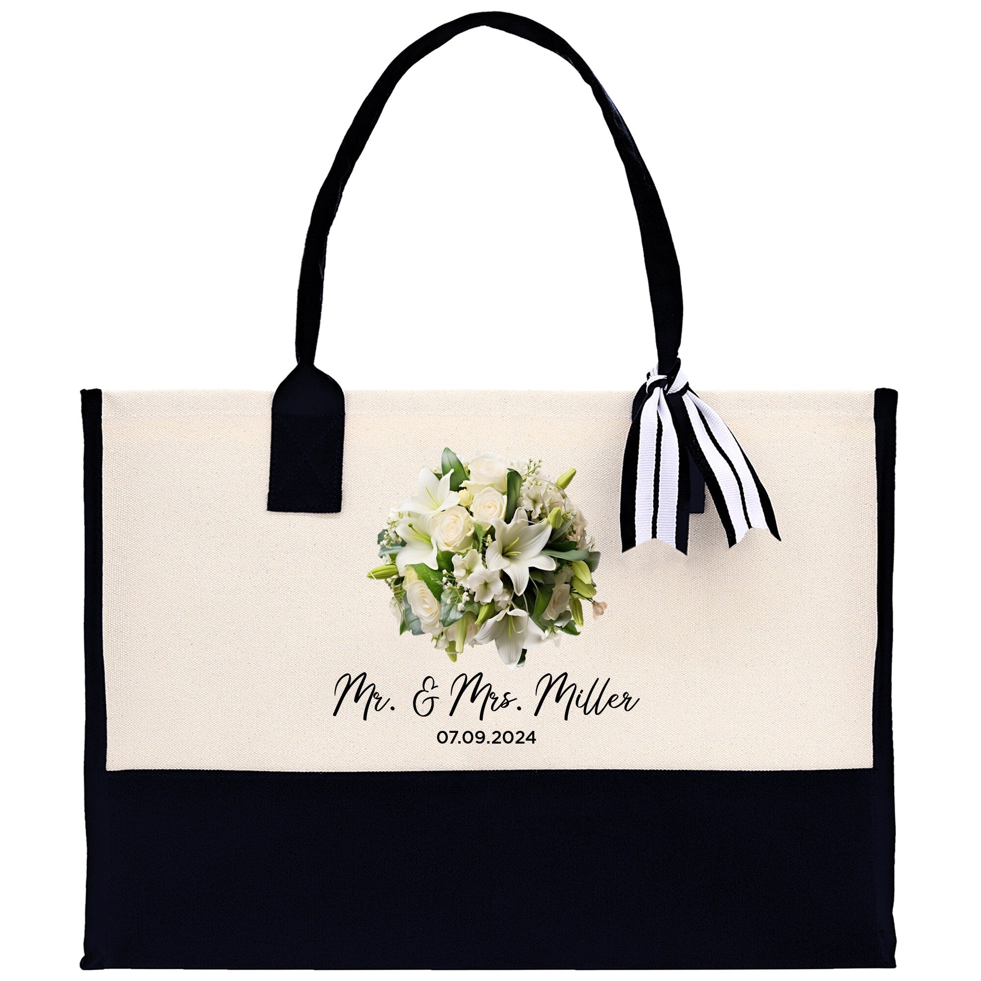 Bride Bouquet White Flowers Bouquet Custom Mr. & Mrs. Last Name Year Tote Bag Personalized Wedding Tote Bridal Shower Gift Honeymoon Gift - Aaria Tees Aaria Tees
