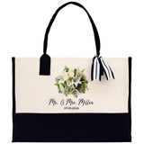 Bride Bouquet White Flowers Bouquet Custom Mr. & Mrs. Last Name Year Tote Bag Personalized Wedding Tote Bridal Shower Gift Honeymoon Gift - Aaria Tees Aaria Tees