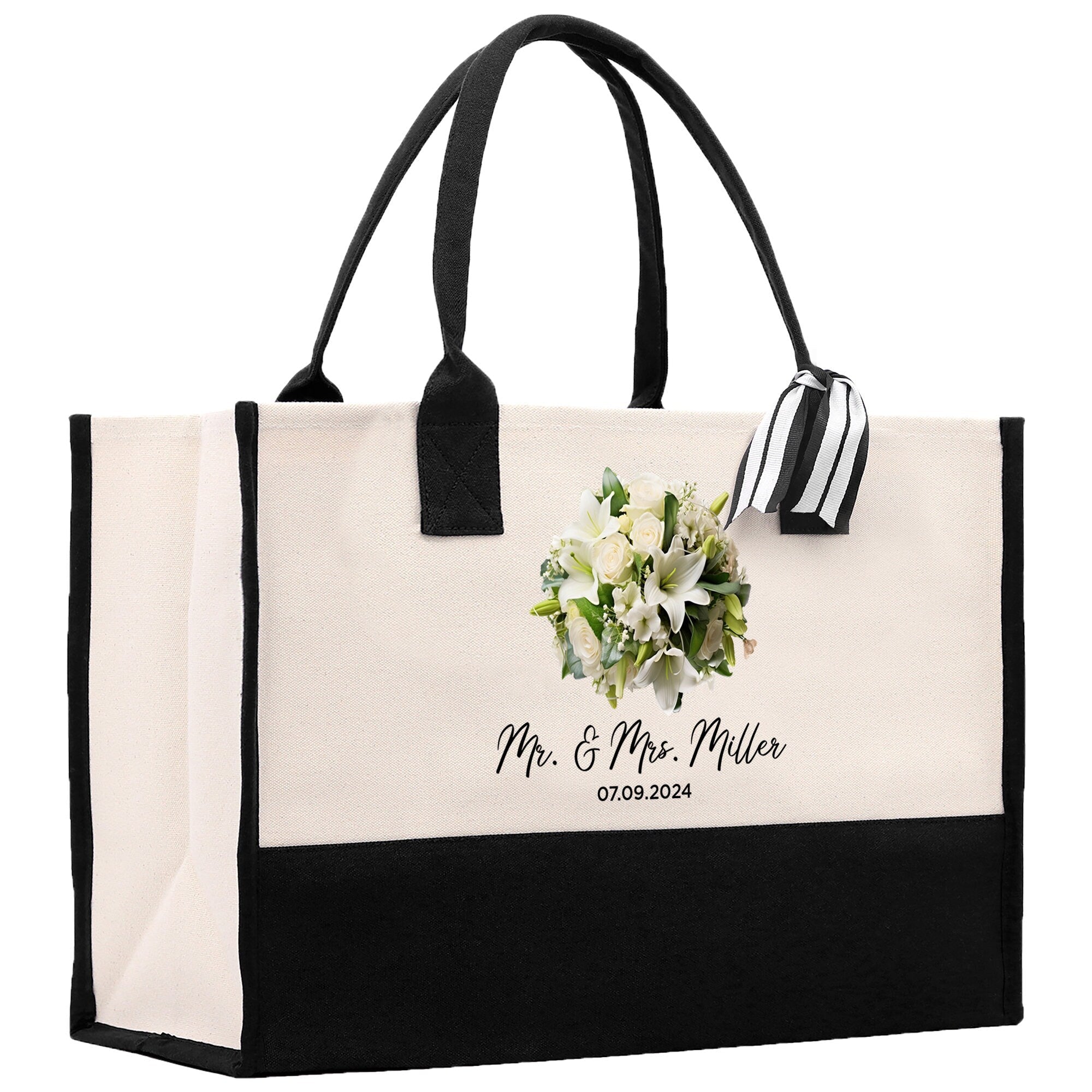Bride Bouquet White Flowers Bouquet Custom Mr. & Mrs. Last Name Year Tote Bag Personalized Wedding Tote Bridal Shower Gift Honeymoon Gift - Aaria Tees Aaria Tees