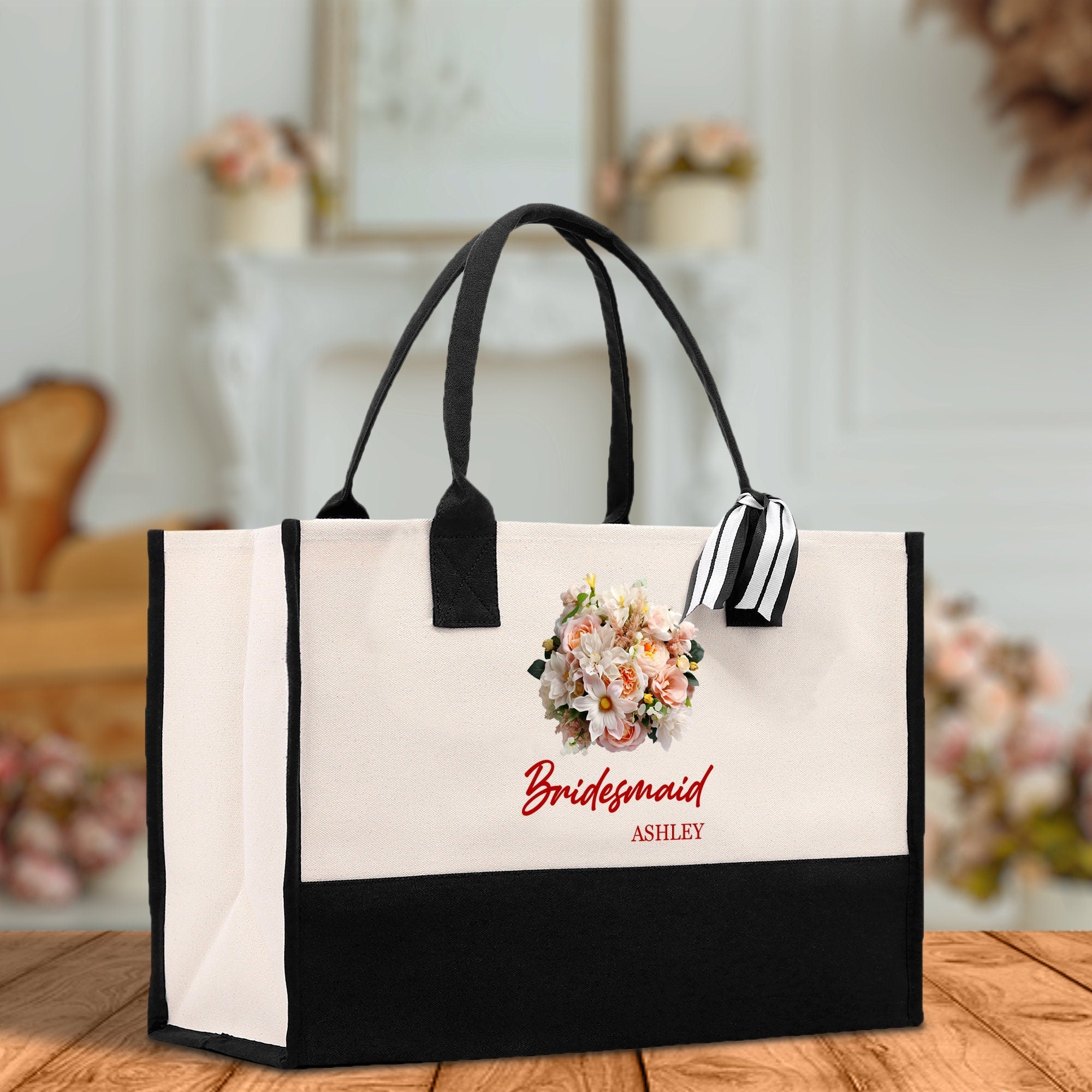 Bridesmaid Bouquet Colorful Flowers Bouquet Custom Name Cotton Canvas Tote Bag Bridal Chic Tote Bags Personalized Wedding Totes - Aaria Tees Aaria Tees
