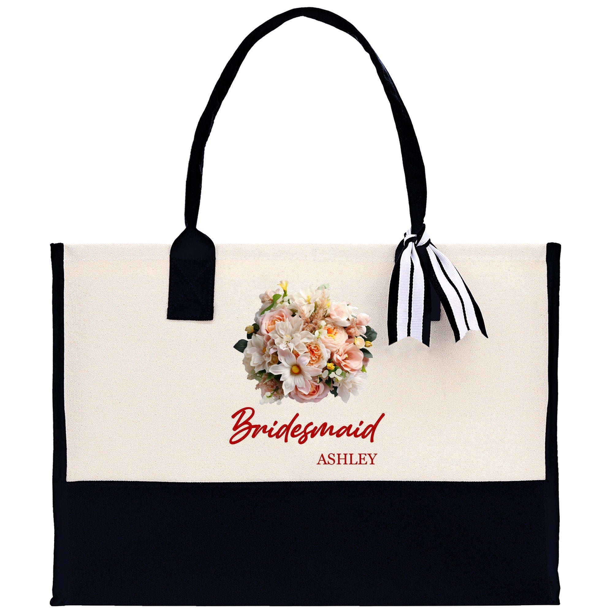 Bridesmaid Bouquet Colorful Flowers Bouquet Custom Name Cotton Canvas Tote Bag Bridal Chic Tote Bags Personalized Wedding Totes - Aaria Tees Aaria Tees