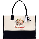 Bridesmaid Bouquet Colorful Flowers Bouquet Custom Name Cotton Canvas Tote Bag Bridal Chic Tote Bags Personalized Wedding Totes - Aaria Tees Aaria Tees