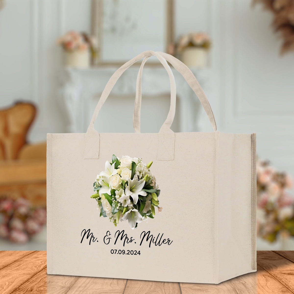 Bride Bouquet White Flowers Bouquet Custom Mr. & Mrs. Last Name Year Tote Bag Personalized Wedding Tote Bridal Shower Gift Honeymoon Gift - Aaria Tees