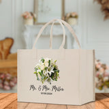 Bride Bouquet White Flowers Bouquet Custom Mr. & Mrs. Last Name Year Tote Bag Personalized Wedding Tote Bridal Shower Gift Honeymoon Gift - Aaria Tees Aaria Tees