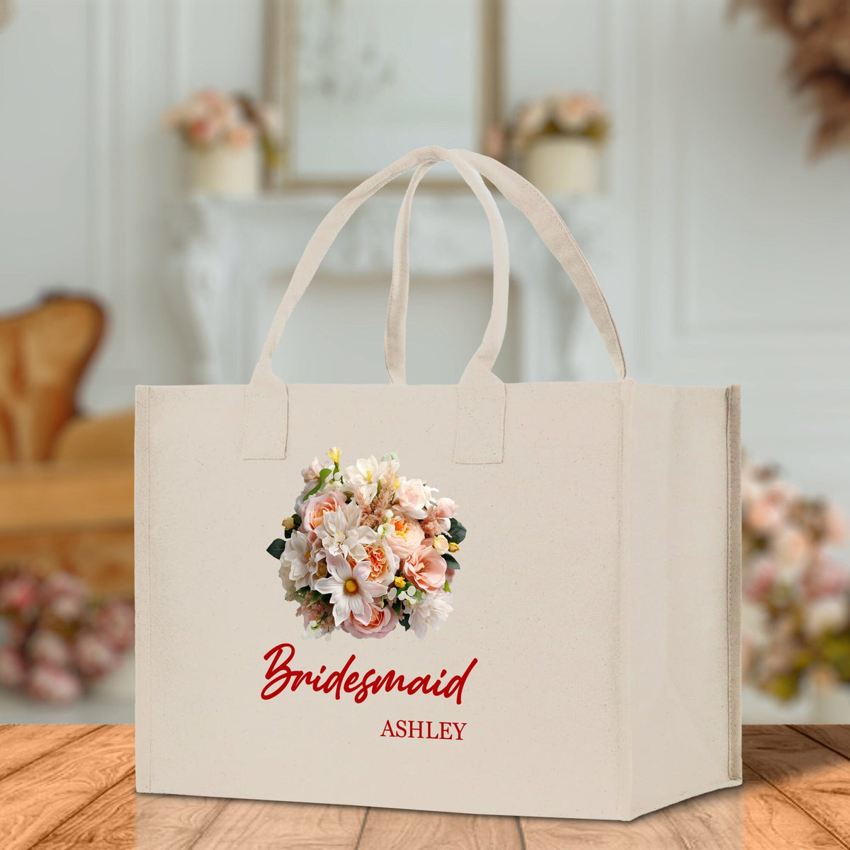 Bridesmaid Bouquet Colorful Flowers Bouquet Custom Name Cotton Canvas Tote Bag Bridal Chic Tote Bags Personalized Wedding Totes - Aaria Tees