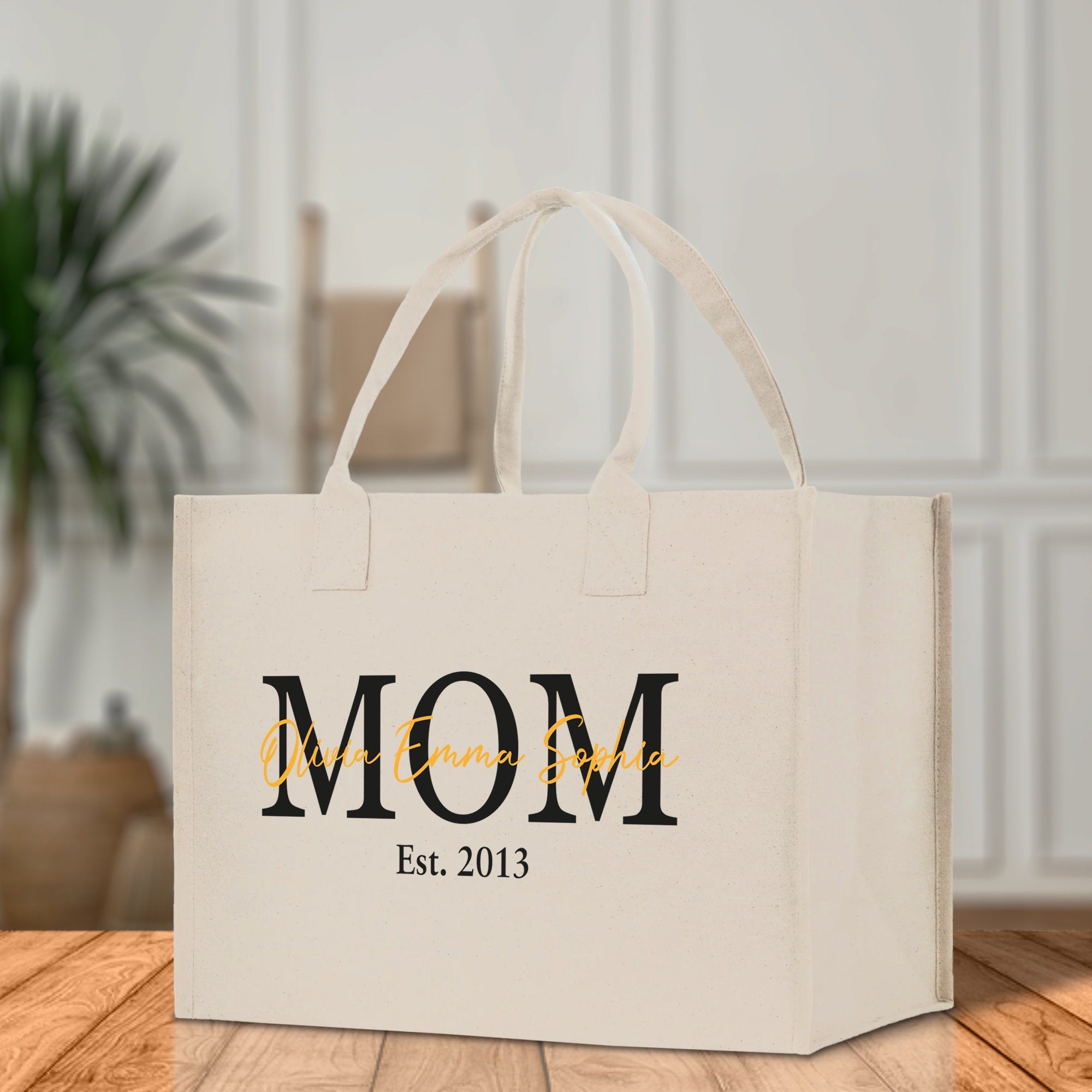 Mom Aunt Gran Oma Mama Custom Kids Names and Date Cotton Canvas Tote Bag Personalized Name and Date Tote Bag - Aaria Tees Aaria Tees