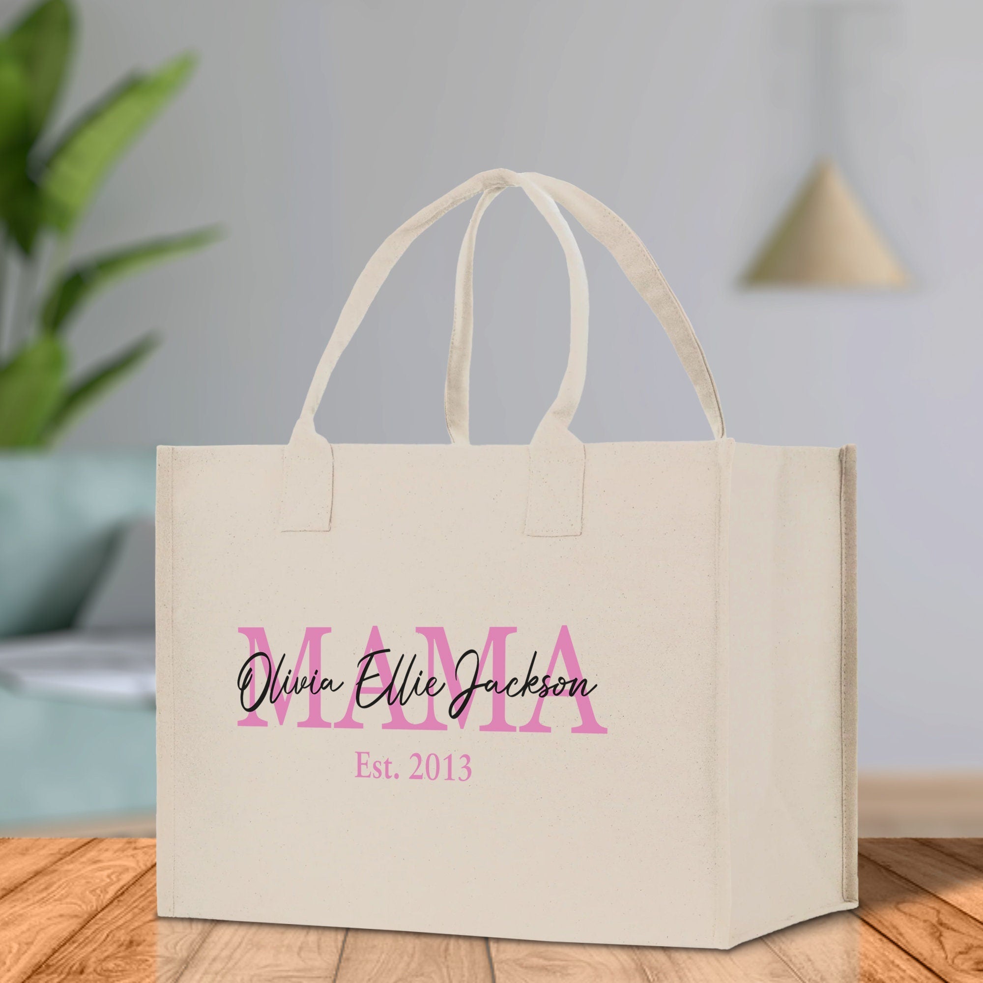 Mom Aunt Gran Oma Mama Custom Kids Names and Date Cotton Canvas Tote Bag Personalized Name and Date Tote Bag - Aaria Tees Aaria Tees