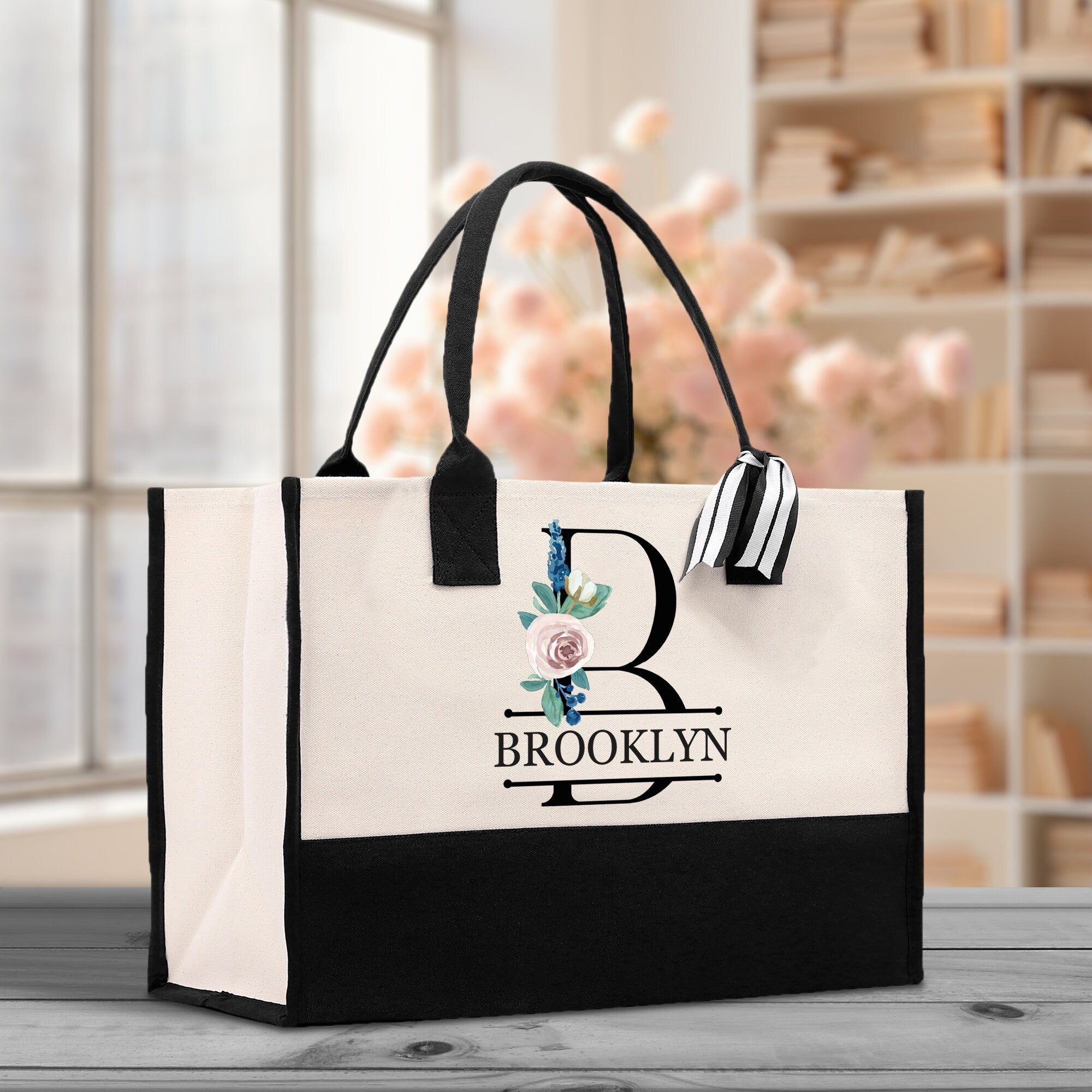 Floral Initial and Name Cotton Canvas Tote Bag Personalized Bridesmaid Gift Bag Wedding Birthday Gift Custom Name Tote Wedding Gift - Aaria Tees Aaria Tees