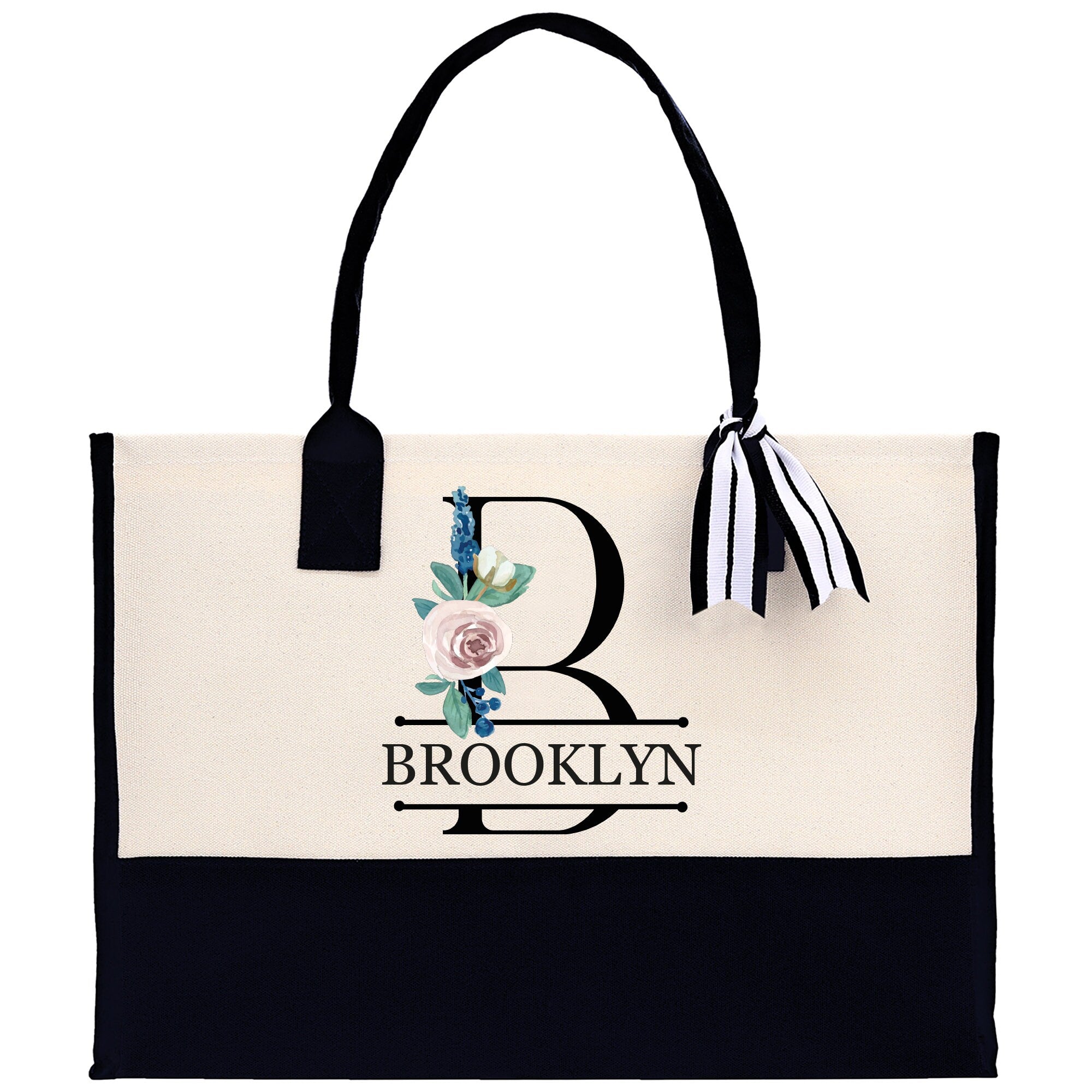 Floral Initial and Name Cotton Canvas Tote Bag Personalized Bridesmaid Gift Bag Wedding Birthday Gift Custom Name Tote Wedding Gift - Aaria Tees Aaria Tees