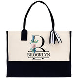 Floral Initial and Name Cotton Canvas Tote Bag Personalized Bridesmaid Gift Bag Wedding Birthday Gift Custom Name Tote Wedding Gift - Aaria Tees Aaria Tees