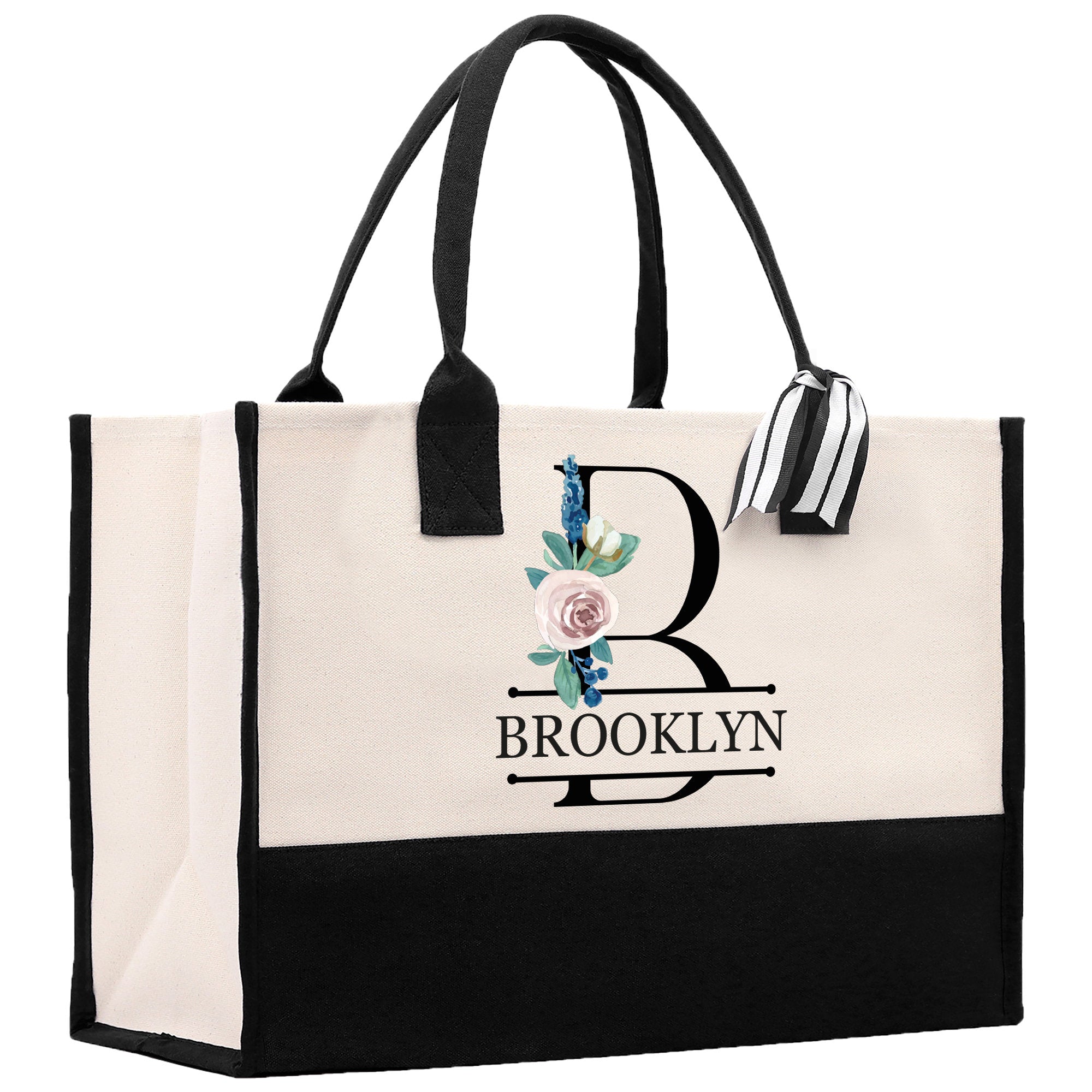 Floral Initial and Name Cotton Canvas Tote Bag Personalized Bridesmaid Gift Bag Wedding Birthday Gift Custom Name Tote Wedding Gift - Aaria Tees Aaria Tees