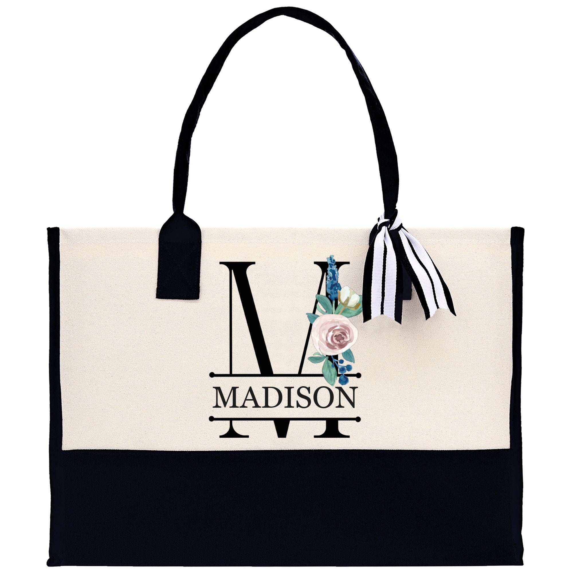 Floral Initial and Name Cotton Canvas Tote Bag Personalized Bridesmaid Gift Bag Wedding Birthday Gift Custom Name Tote Wedding Gift - Aaria Tees Aaria Tees