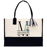 Floral Initial and Name Cotton Canvas Tote Bag Personalized Bridesmaid Gift Bag Wedding Birthday Gift Custom Name Tote Wedding Gift - Aaria Tees Aaria Tees