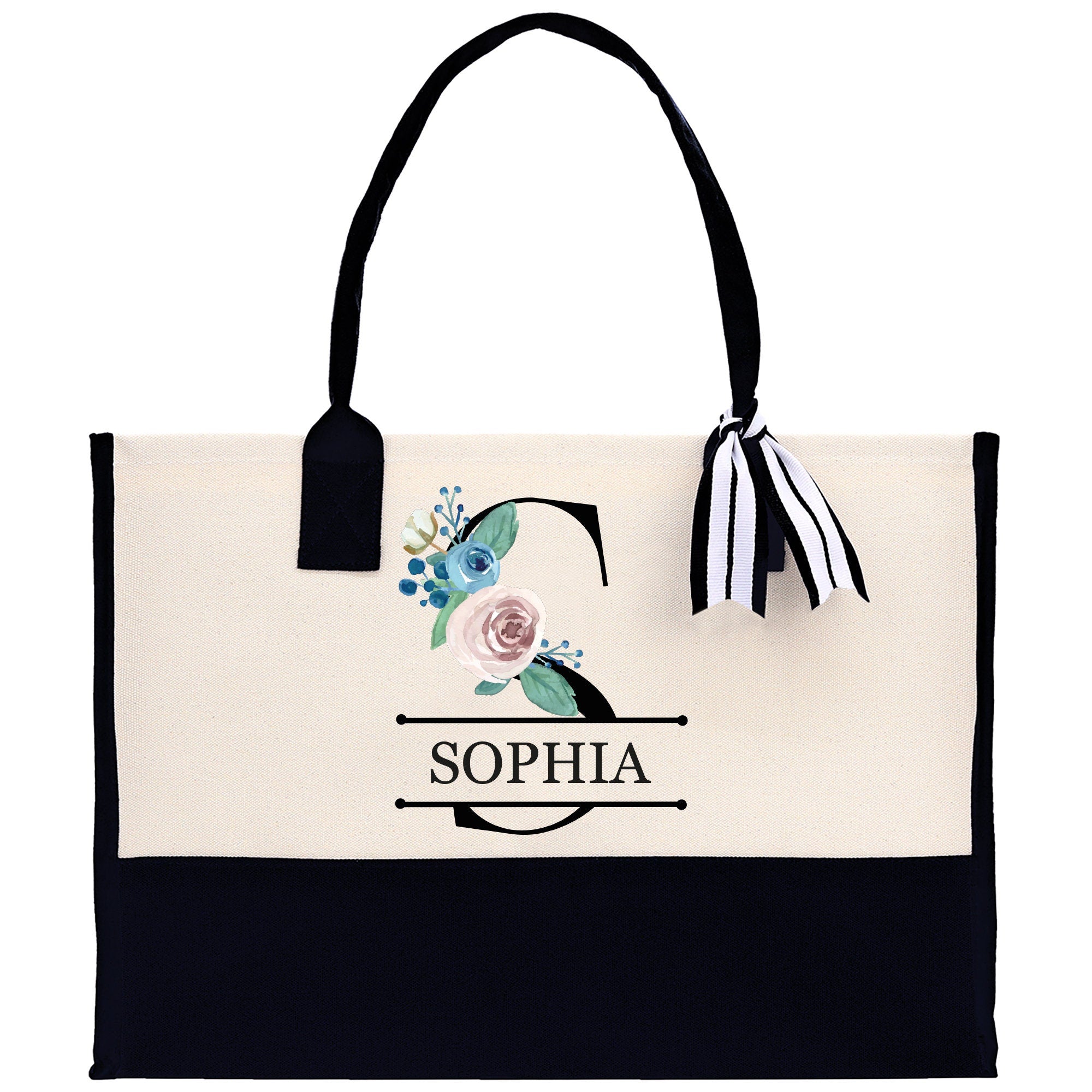 Floral Initial and Name Cotton Canvas Tote Bag Personalized Bridesmaid Gift Bag Wedding Birthday Gift Custom Name Tote Wedding Gift - Aaria Tees Aaria Tees