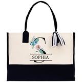 Floral Initial and Name Cotton Canvas Tote Bag Personalized Bridesmaid Gift Bag Wedding Birthday Gift Custom Name Tote Wedding Gift - Aaria Tees Aaria Tees