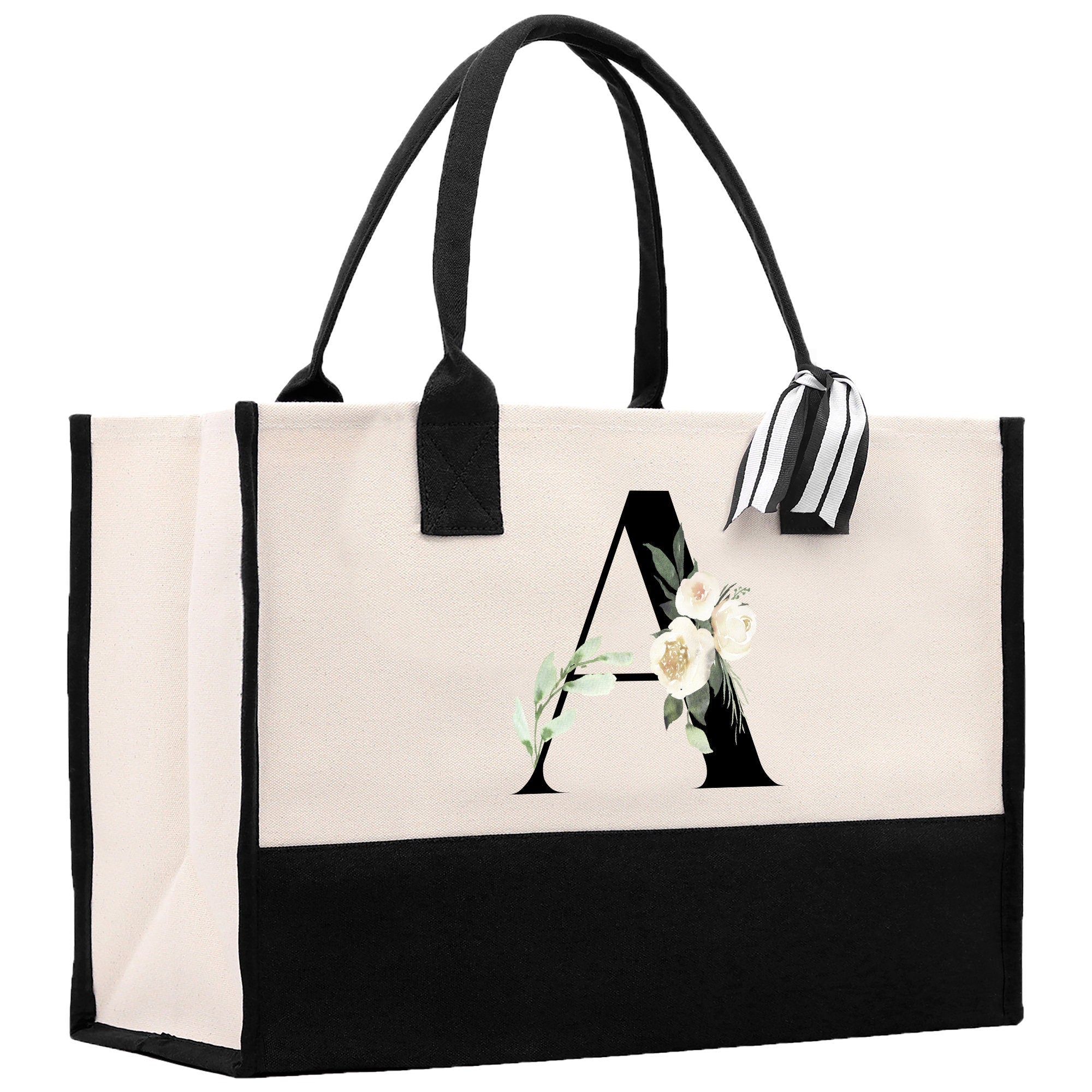 Floral Monogram Beach Canvas Tote Bag Initial Tote Bag Letter Tote Bag Birthday Gift Personalized Tote Bag Personalized Beach Bag - Aaria Tees Aaria Tees