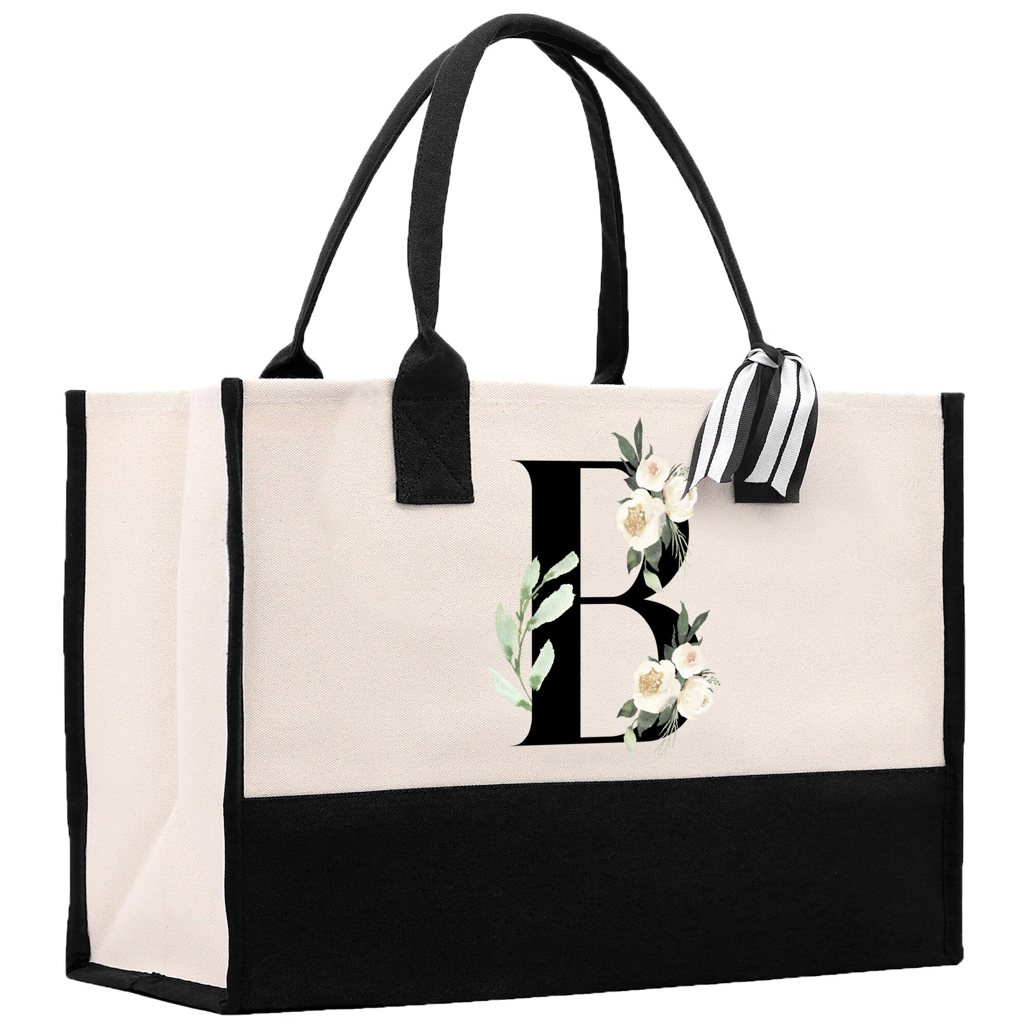 Floral Monogram Beach Canvas Tote Bag Initial Tote Bag Letter Tote Bag Birthday Gift Personalized Tote Bag Personalized Beach Bag - Aaria Tees Aaria Tees