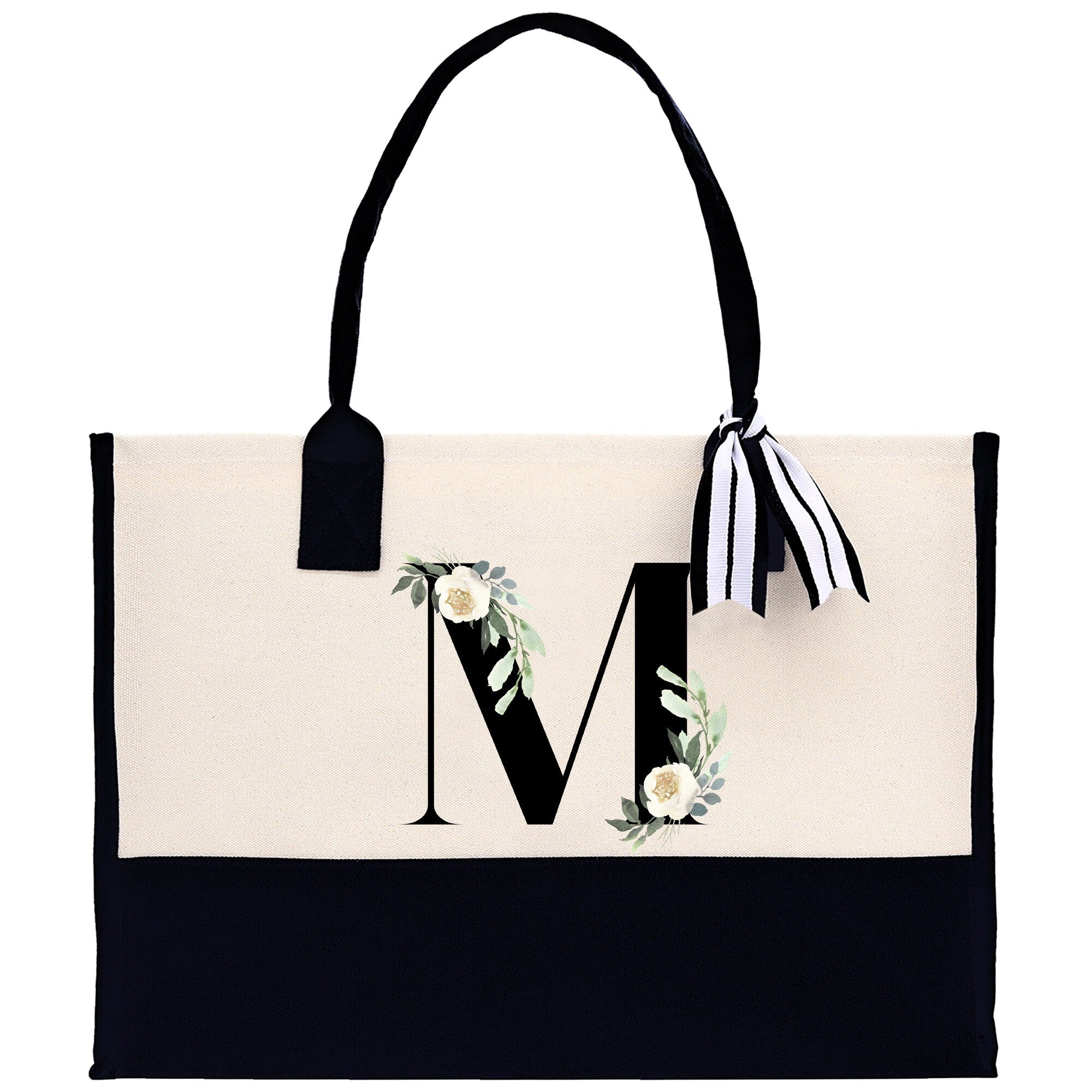 Floral Monogram Beach Canvas Tote Bag Initial Tote Bag Letter Tote Bag Birthday Gift Personalized Tote Bag Personalized Beach Bag - Aaria Tees Aaria Tees